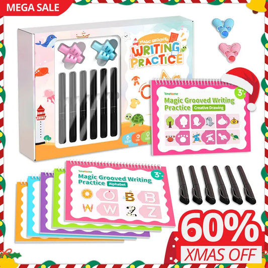 Reusable Grooved Handwriting Workbook for Kids, Learning Materials, 6 Books–Early Elementary, Covers Math, Words, Drawing –Gift for Children Lettering Spiral Notebook school supplies